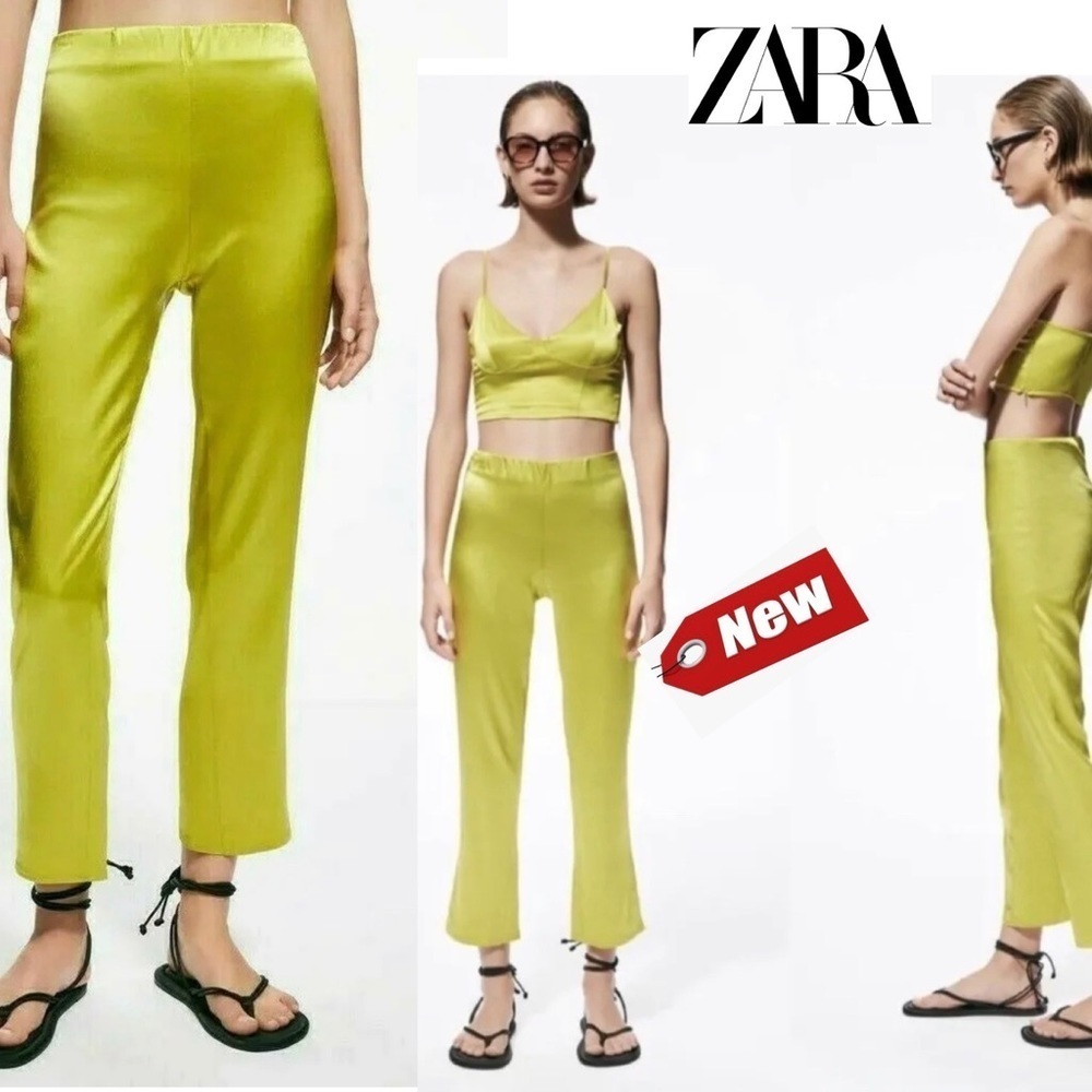 ZARA NEW NEON LIME GREEN SATIN EFFECT PANTS M NWT